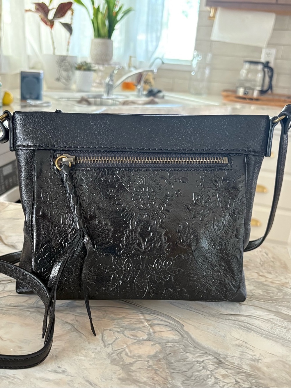 The Sak Black Embossed Leather Crossbody Bag Zip Inside Pocket Card Holder